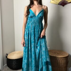 vintage y2k victoria's secret blue boho lace floral v neck slip maxi dress gown